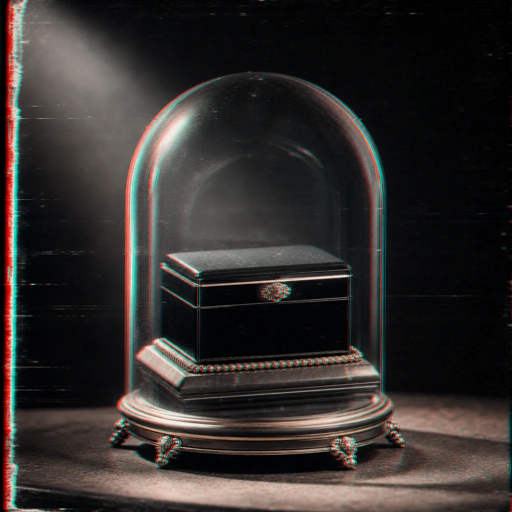 Ornate gift box with red and cyan VHS glow